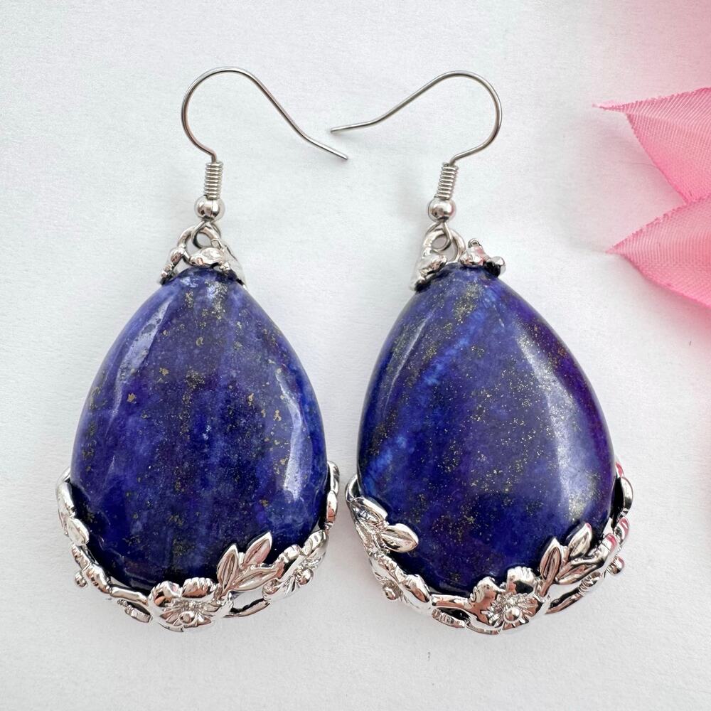 Big Blue Lapis Lazuli Teardrop Dangle Earrings Floral Cage Silver Tone 30 Grams